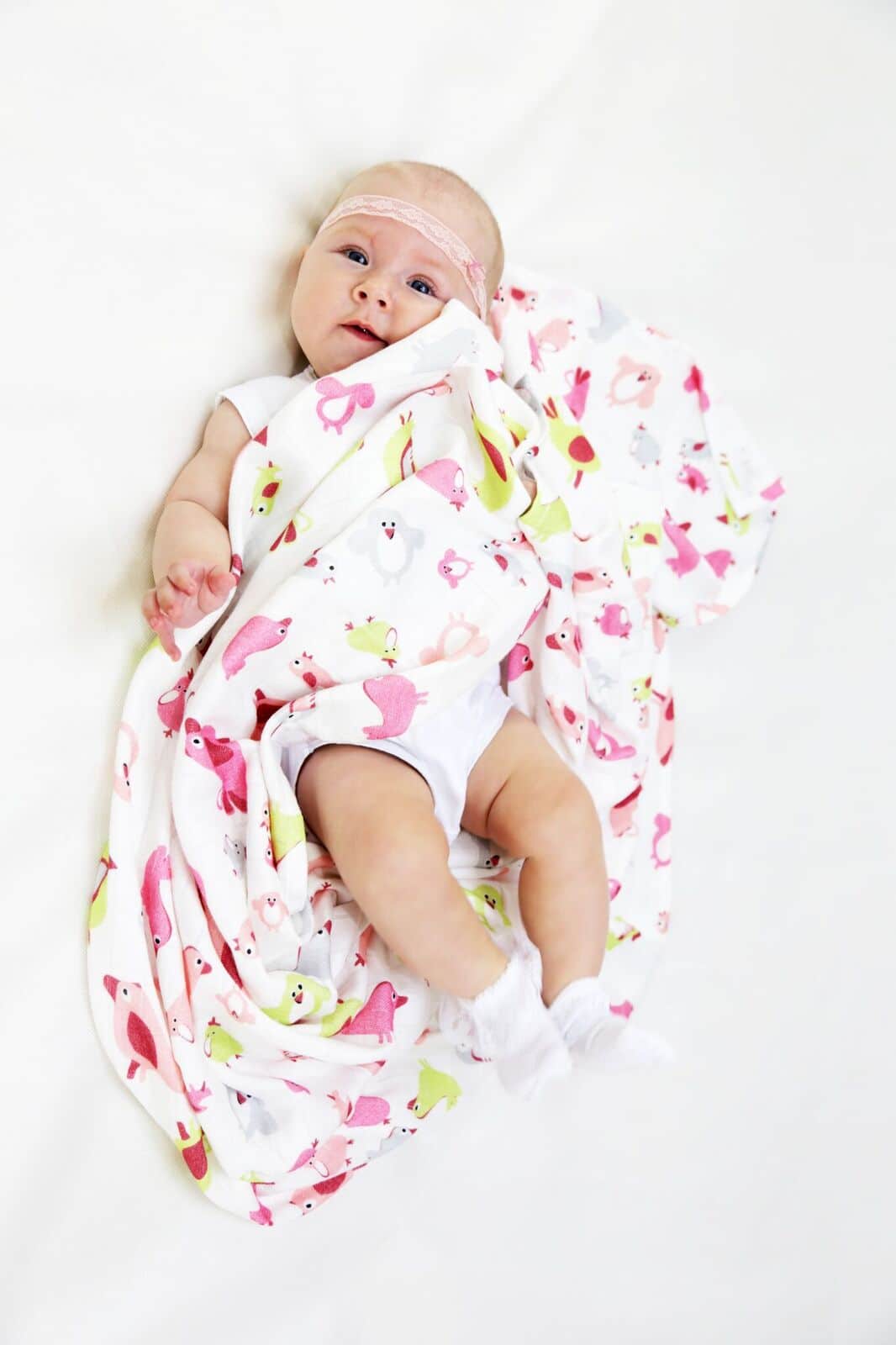 Bambus Swaddle, Fugler rosa, 3 str: 30x30, 75x75, 120x120