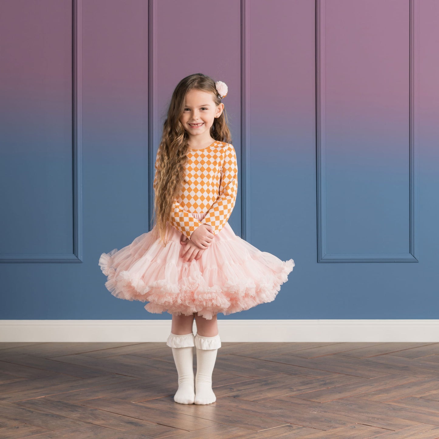 Bodysuit med lange ermer Ballerina, karamell/lyserosa print, str 80-122