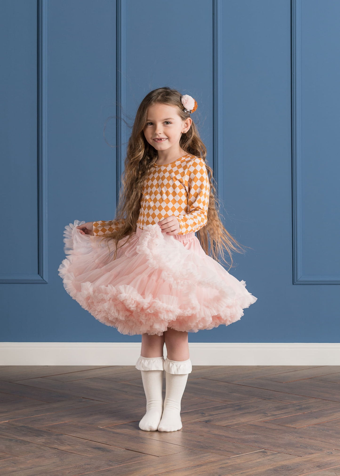 Bodysuit med lange ermer Ballerina, karamell/lyserosa print, str 80-122
