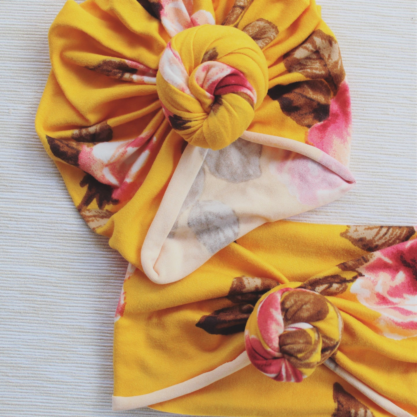 Knot turban &amp; hårbånd Mustard Floral